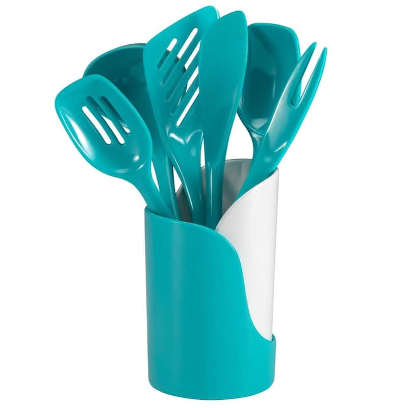 Hutzler 7-Piece Mini Melamine Cooking Utensils and Storage Crock Set, Includes 7.5 Inch Long Fork, Slotted Spoon,... - Turquoise