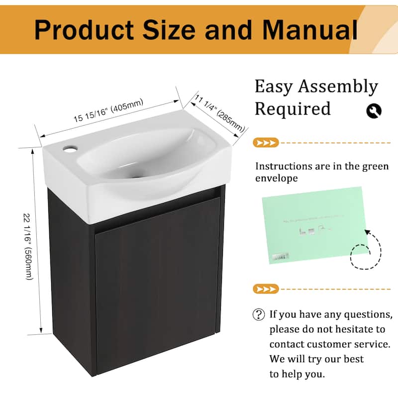 Malwee 16" Floating Bathroom Vanity, Mini Wall Mounted Bathroom Vanity with Ceramic Sink and Soft Close Door - 16"×11"×22"