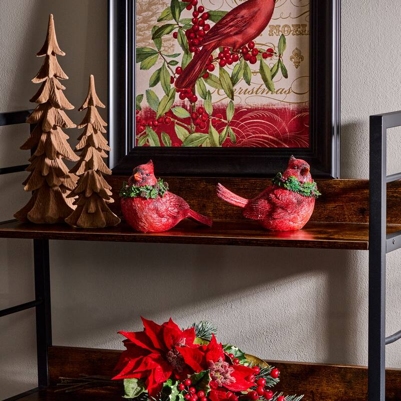 6.5" Resin Glitter Cardinal With Holly Set of 2