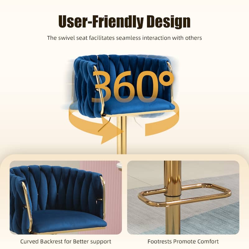 Velvet Upholstered Swivel Adjustable Height Bar Stools With Metal Footrest（set of 2）