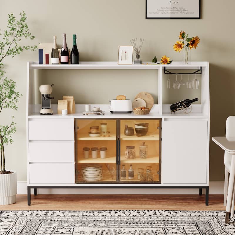 Coffee Bar Cabinet with Wine Glass Rack and Drawers, Liquor Cabinet with 3 drawers and glass door locker