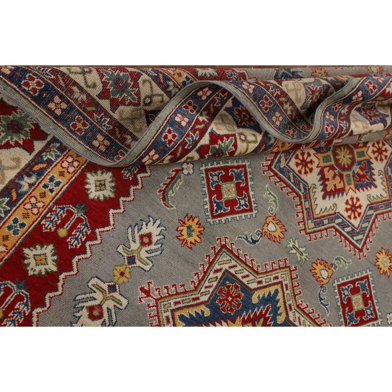 Geometric Grey Kazak Area Rug Handmade Bedroom Wool Carpet - 6'10" x 10'3"