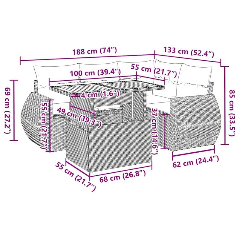 vidaXL Patio Sofa Set with Cushions Lounge Sofas and Table 5 Piece Poly Rattan - 21.7 x 39.4 x 28.7