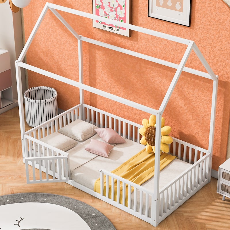 Twin Size Metal House Bed with Fence and Door, White