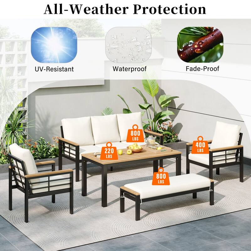 5-Piece Outdoor Patio Iron Conversation Sofa Set with Coffee Table and Bench