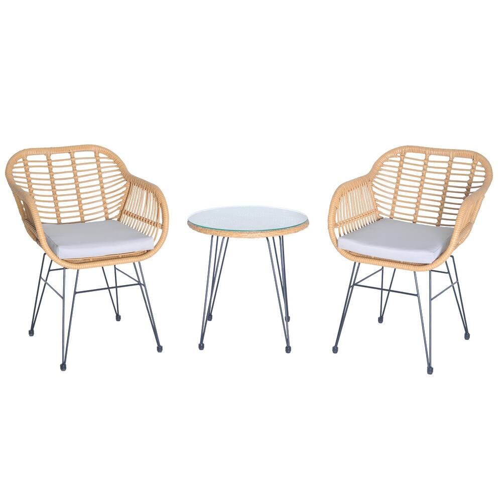 3 Pieces Outdoor Rattan Chair Conversation Sets with Glass Top Table