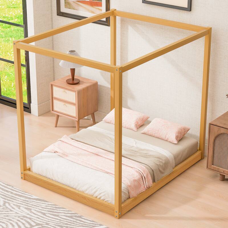 Wood Canopy Bed Floor Platform Bed Grounded Bed with Slats Support and Top Frame Easy Assembly No Box Spring Needed