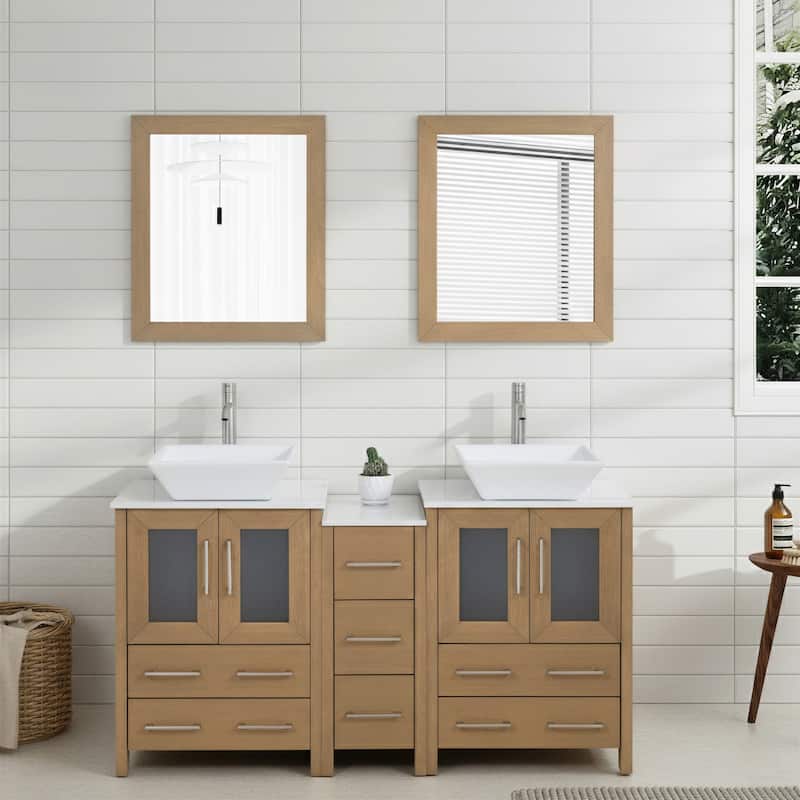 Vanity Art 60" Double Sink Bathroom Vanity Set with Engineered Marble Top and Free Mirror - 60 W X 18.5 D X 31.1 H - Natural Oak