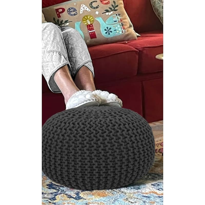 Hand Knitted Pouf Cotton Braided Cord Cable Ottoman - Foot Stool - Accent Seat Furniture Bean Bag - Living Room Kids - 18x18x14