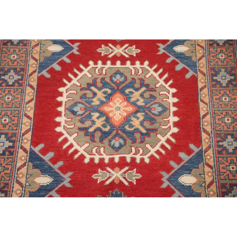 Red Geometric Kazak Accent Rug Hand-Knotted Wool Carpet - 3'4"x 5'0"