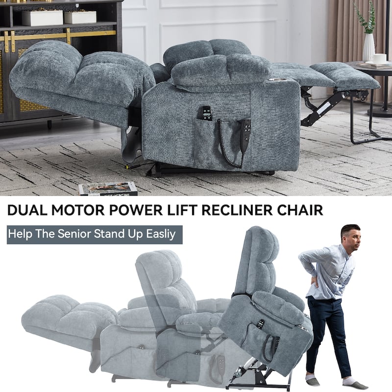 Dual Motor Infinite Position Power Lift Recliner Chair with 8-Point Vibration Massage and Lumbar Heating, Dual Cup Holders
