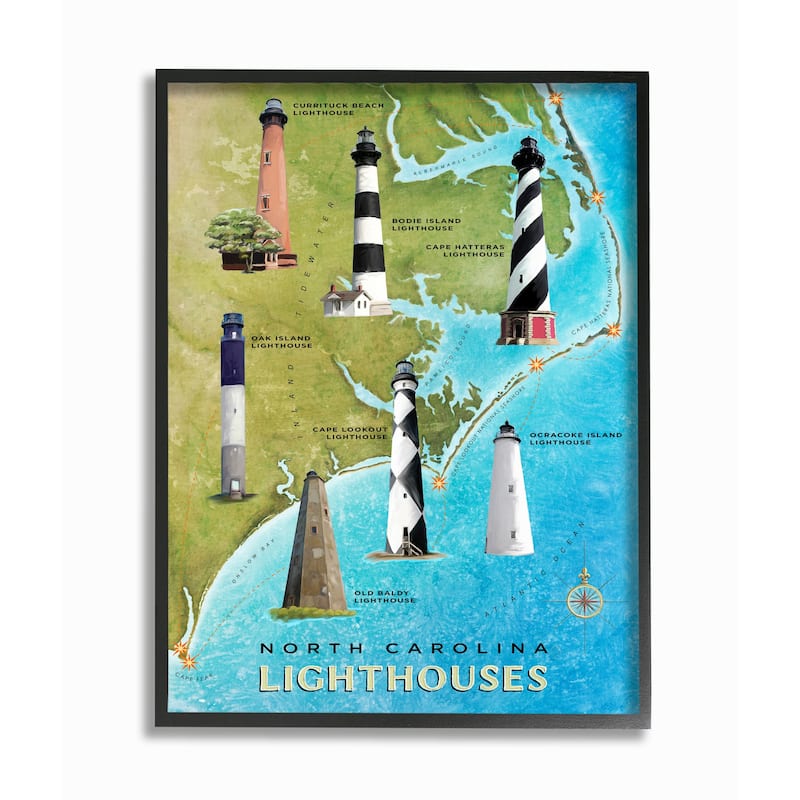 Stupell Map of Lighthouses in North Carolina Coastal Design Framed Wall Art - Multi-Color - 16 x 20 - Black