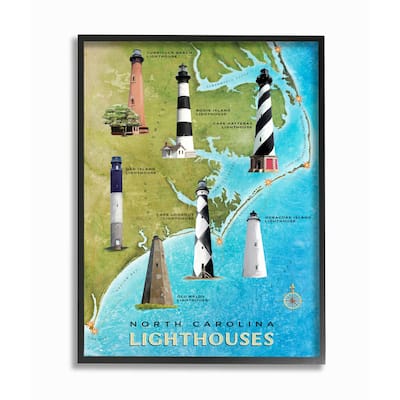 Stupell Map of Lighthouses in North Carolina Coastal Design Framed Wall Art - Multi-Color