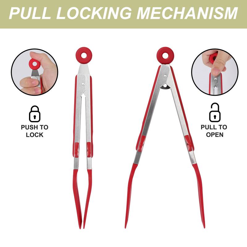 Kitchen Tongs for Cooking Stainless Steel Tongs w Stands Silicone Tip - Red