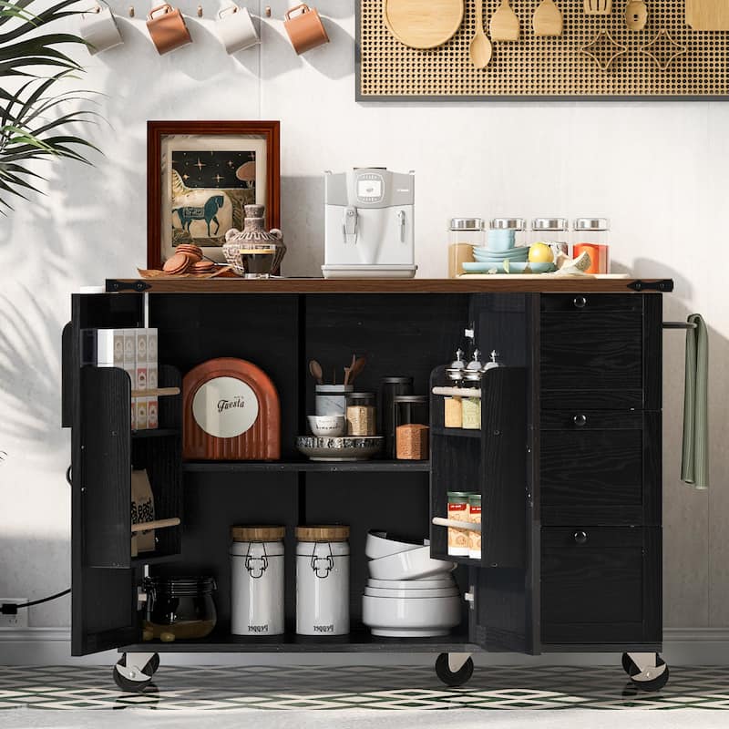 Roomfitters 53.5''Farmhouse Kitchen Island with Power Outlet, Kitchen Storage Island with Drop Leaf, Rolling Kitchen Cart