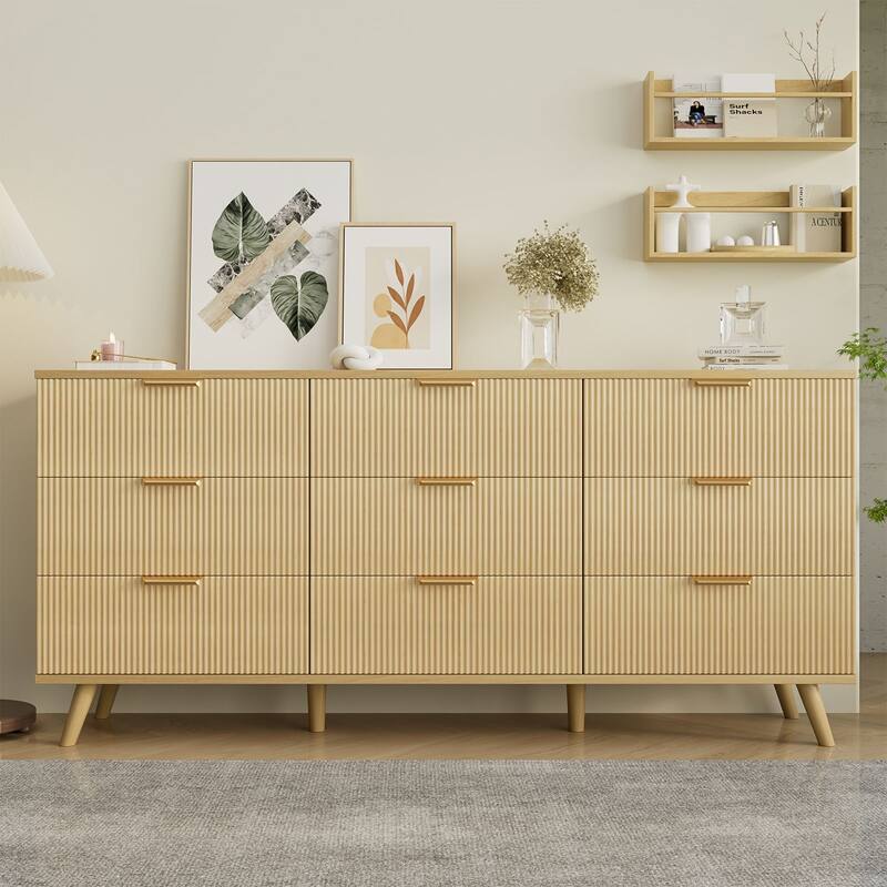 Gymojoy 9 Drawer Dresser, 63" Wide Fluted Wood Chest of Drawers with Gold Handles, Modern Storage Organizer for Closet