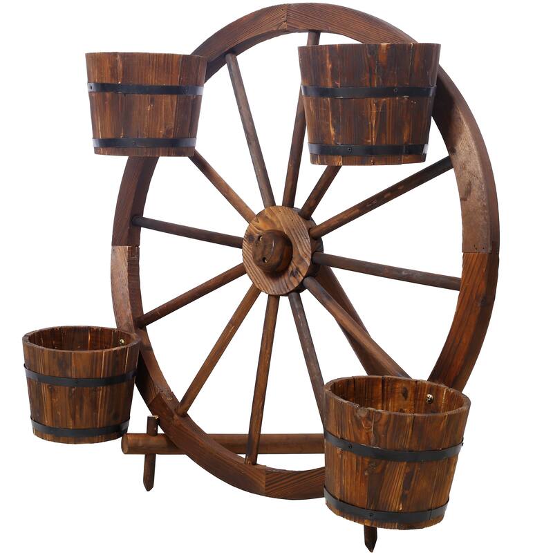 Wood wagon wheel barrel planter, Wagon Wheel Barrel Planter Display