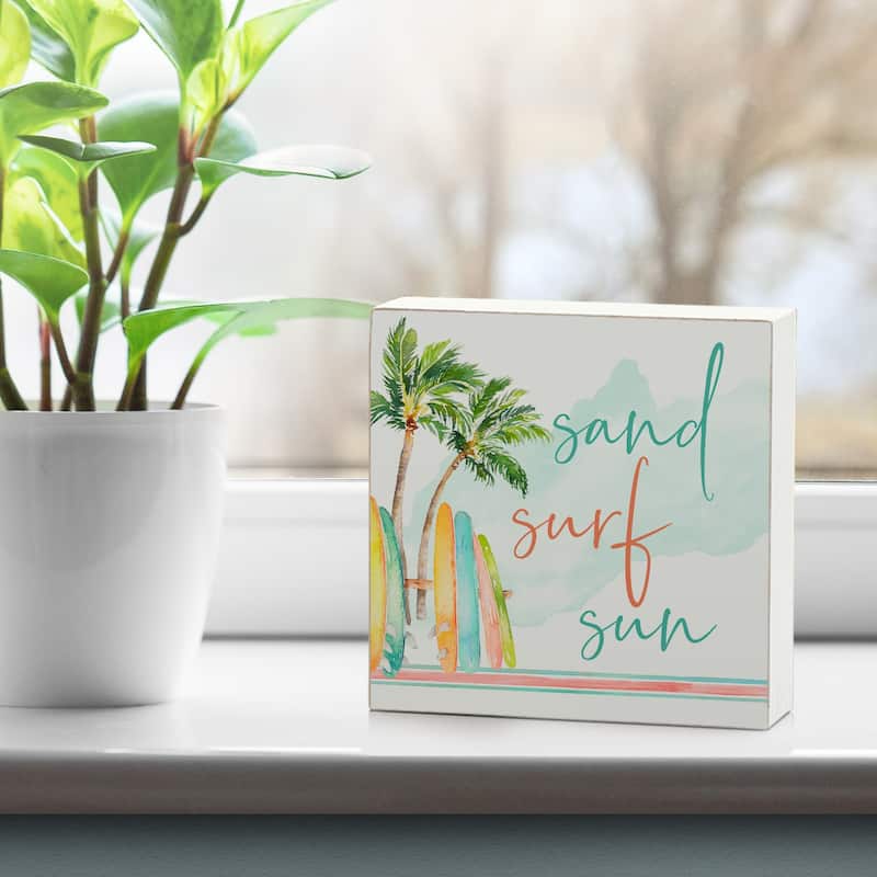 Wood Block Décor Message Sand Surf Sun Sign, 3.75 inches Square, Made in The USA - Multi-5