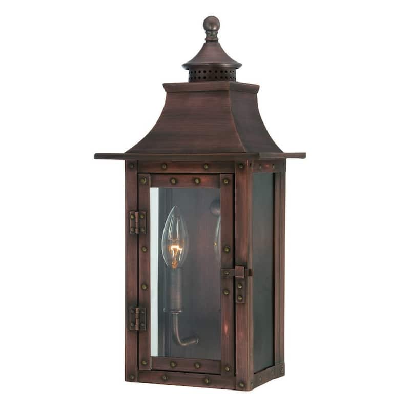 2-Light Patina Wall Light Colonial Design Clear Glass Gas Lantern Style - 5.75” x 8” x 16.50” - Copper