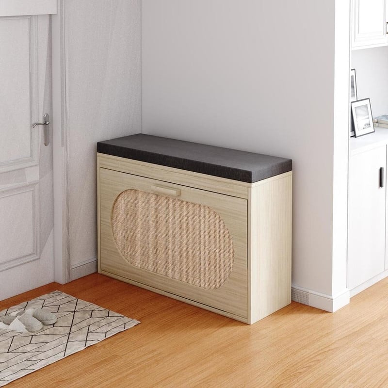 Rattan Shoe Rack Hallway Shoes Srorage Bench with Flip-Drawer and Seat Cushion