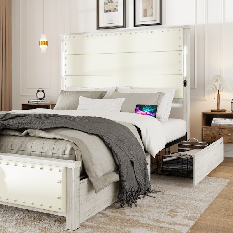 Queen Size Bed Frame with Upholstered Headboard, Storage Drawers, Charging Station, and LED Lights