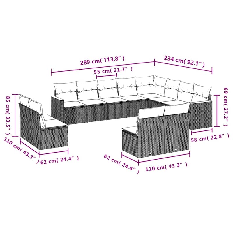 vidaXL 12/13 Piece Patio Sofa Set with Cushions Black/Gray Poly Rattan - 24.4 x 24.4 x 27.2