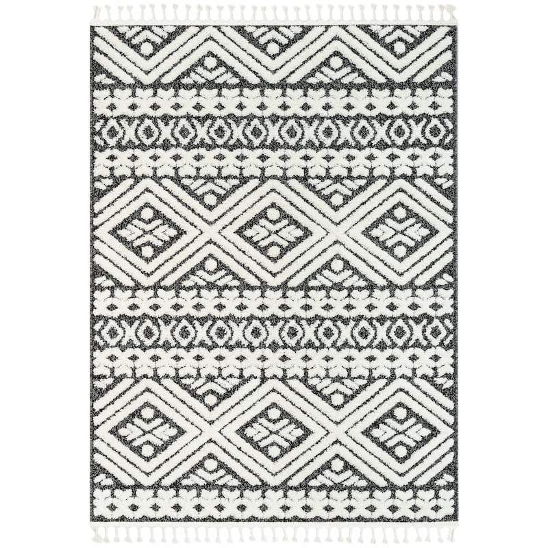 Well Woven Salem Eliana Tribal Moroccan Diamond High-Low Area Rug - Dark Grey White - 5' 3" x 7' 3" - Rectangle