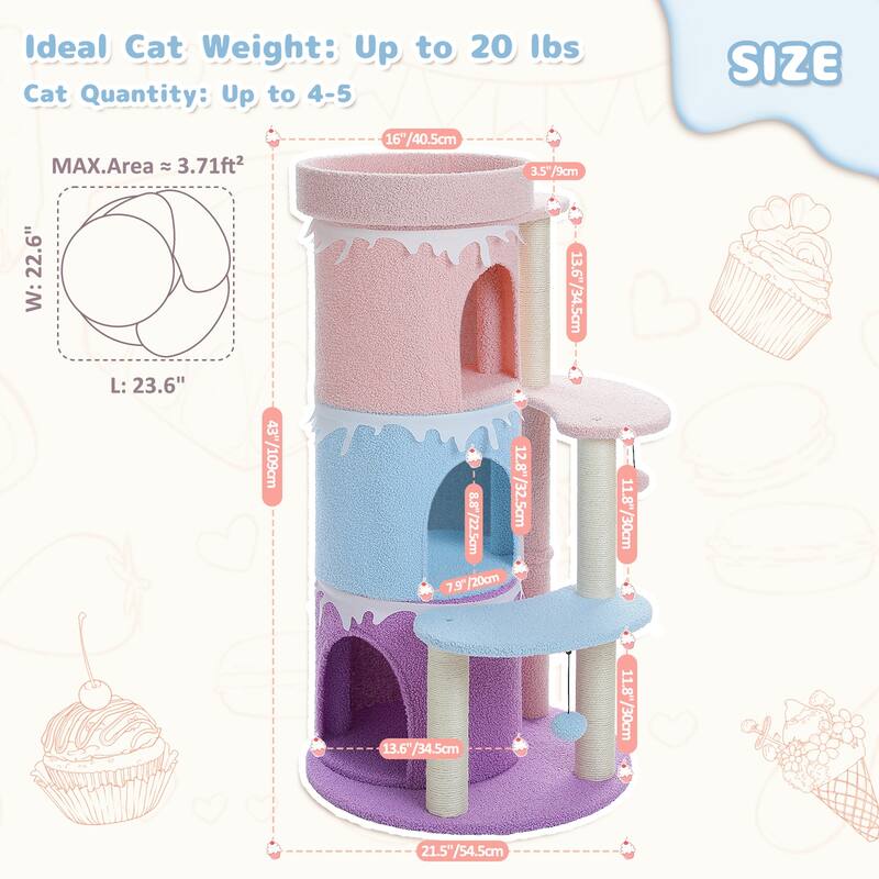 43" Cat Tree Cat Tower for Indoor Large Cats, Cat Bed House with 3 Large Condos and Sisal Scratching Posts for Kittens