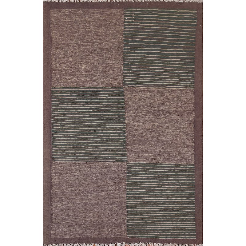 Striped Brown/ Green Kilim Oriental Area Rug Flatweave Wool Carpet - 3'5"x 5'1"