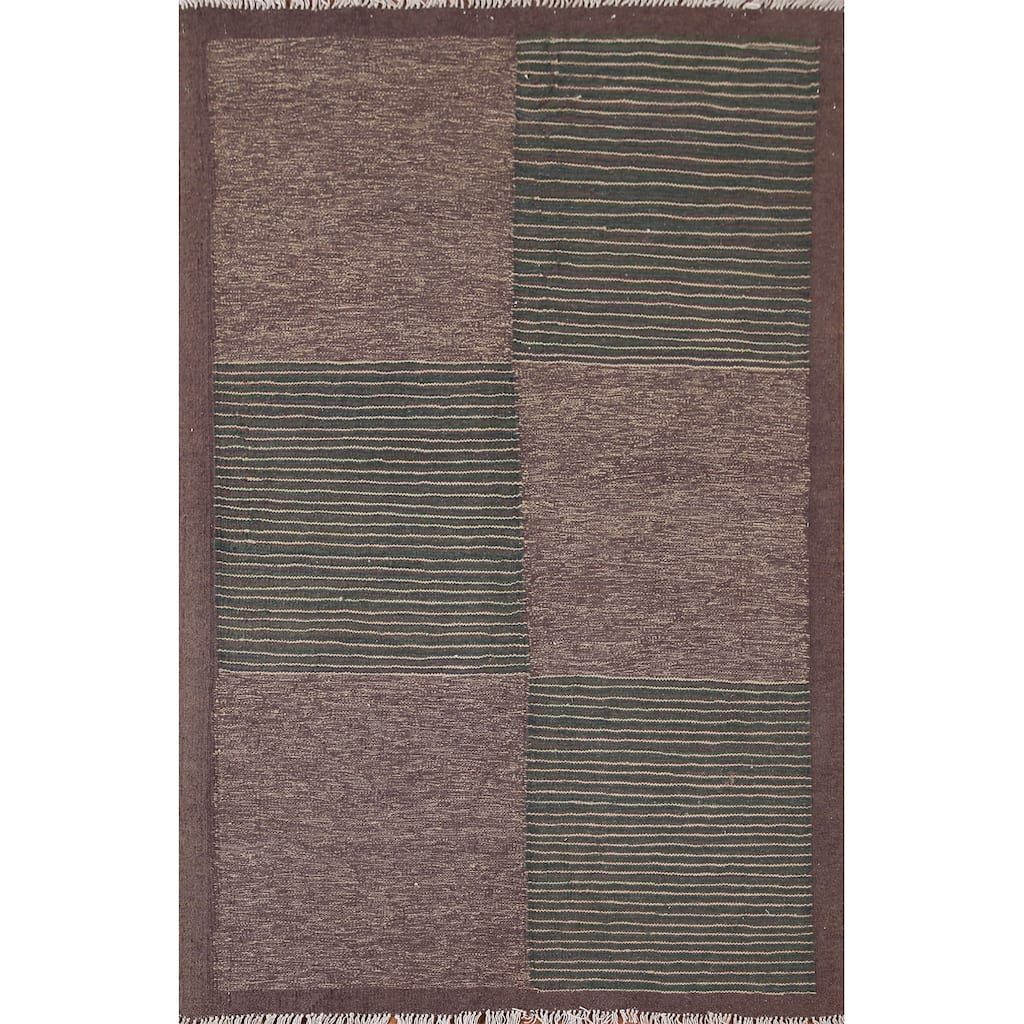 Striped Brown/ Green Kilim Oriental Area Rug Flatweave Wool Carpet - 3'5"x 5'1"