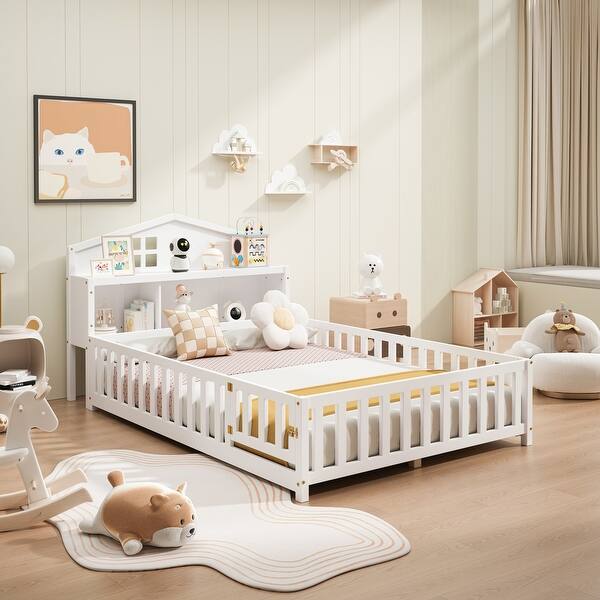 slide 2 of 41, Montessori Floor Bed Full Size Platform Bed with House-shaped Bookcases Headboard, Blackboard, Storage Shelves, Fence and Door White - Full