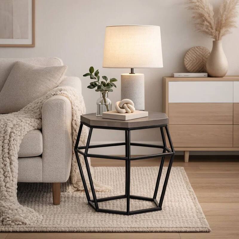 Hexagonal Concrete End Table with Metal Base, Gray and Black