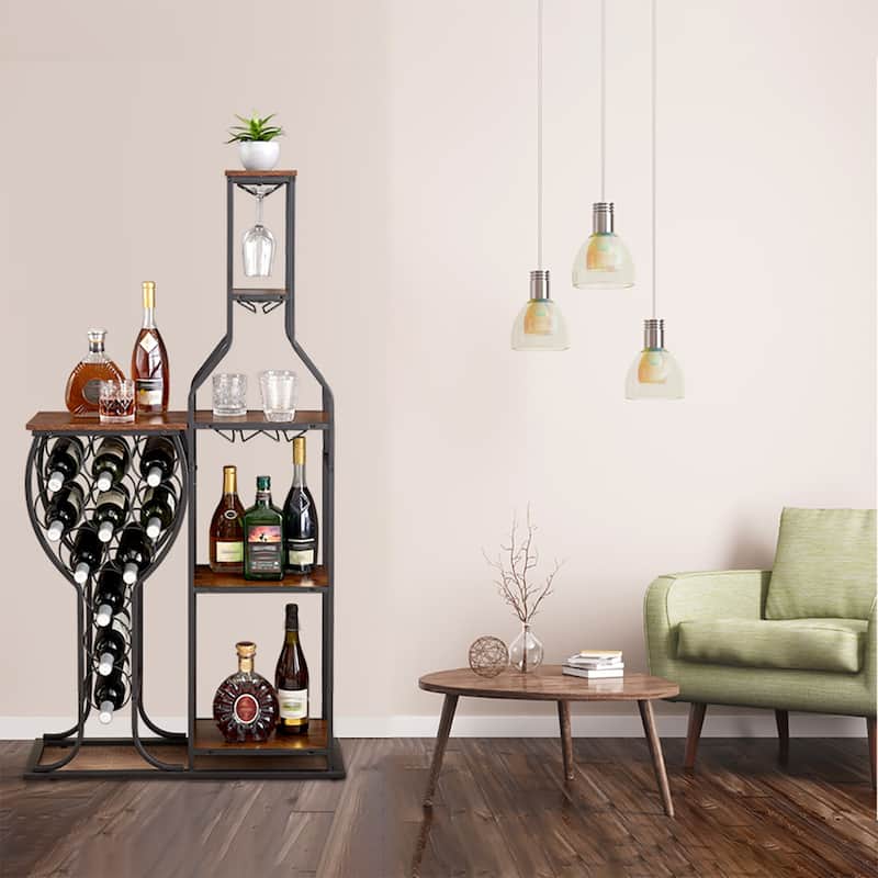 11-Bottle Rustic Brown Wine Rack 5 Tier Freestanding Wine Bakers Rack with Hanging Wine Glass Holder and Storage Shelves