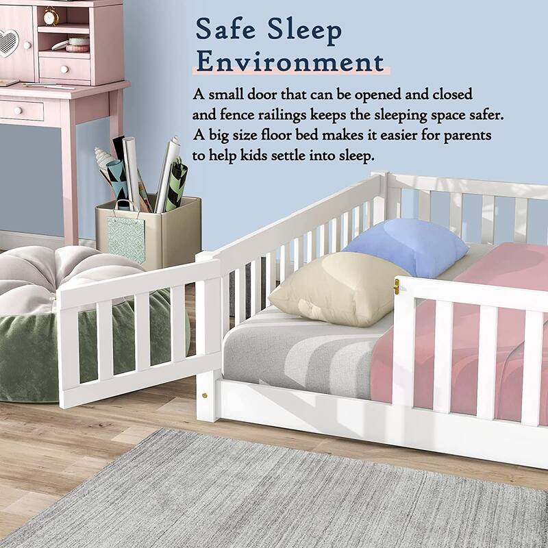 Twin/Full/Queen Size Floor Bed with Safety Guardrails, Toddler Floor Bed for Girls and Boys