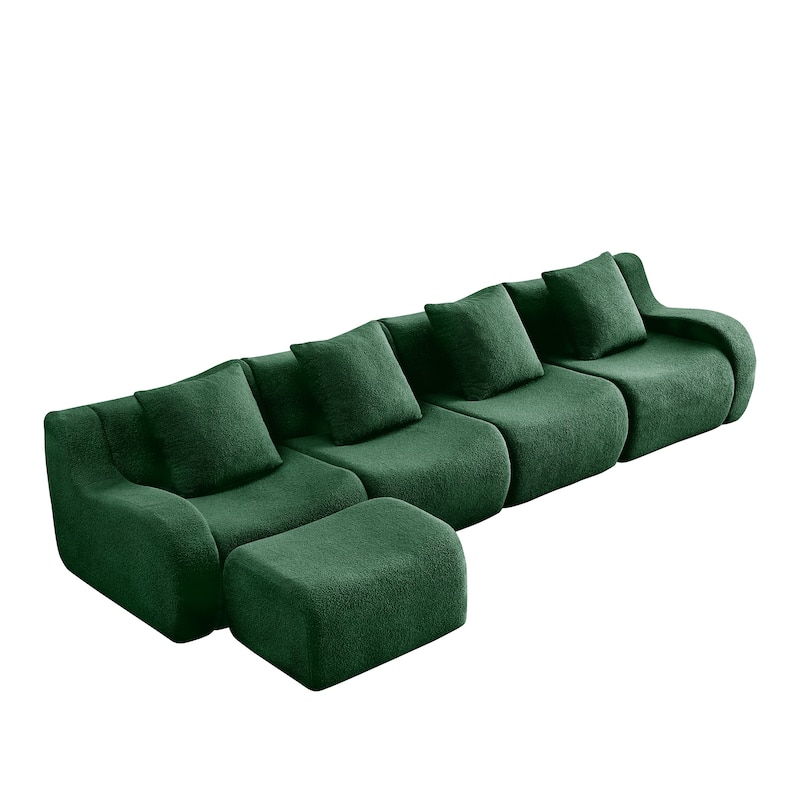 Oversized Sectional Sofa with Ottoman for Living Room, 118" Modern Floor Teddy Fabric Sofa L-Shape Couch with 4 Throw Pillows