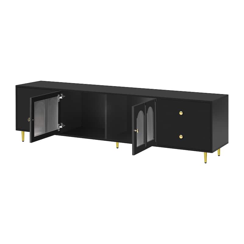 70.9" Glass Door TV Stand with Round Handle, Media Storage TV Console Table with 4 Drawers, 2 Cabinets for TVs up to 75''