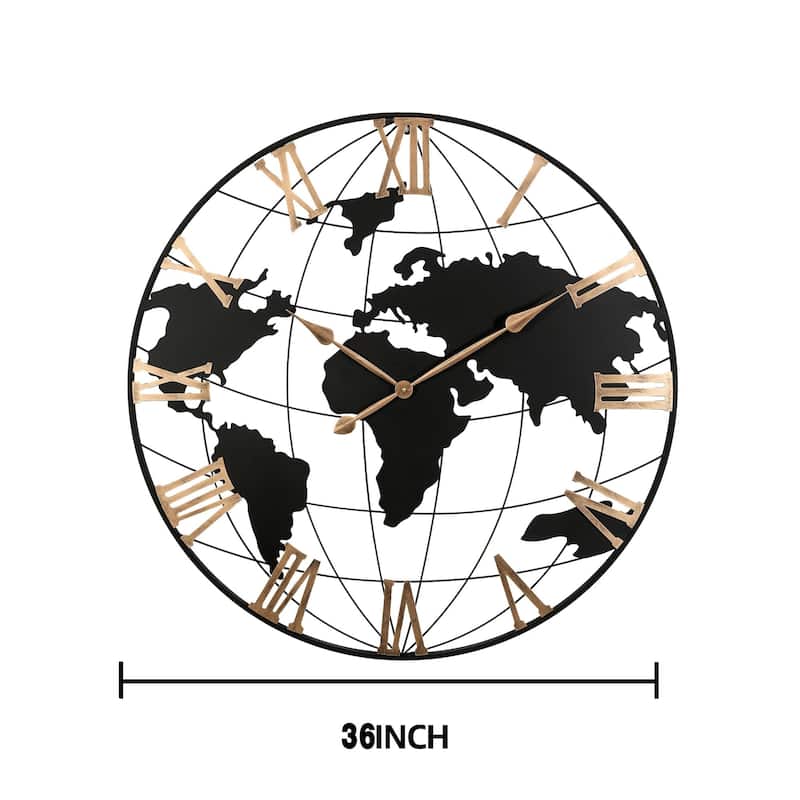36" Round Metal World Map Wall Clock