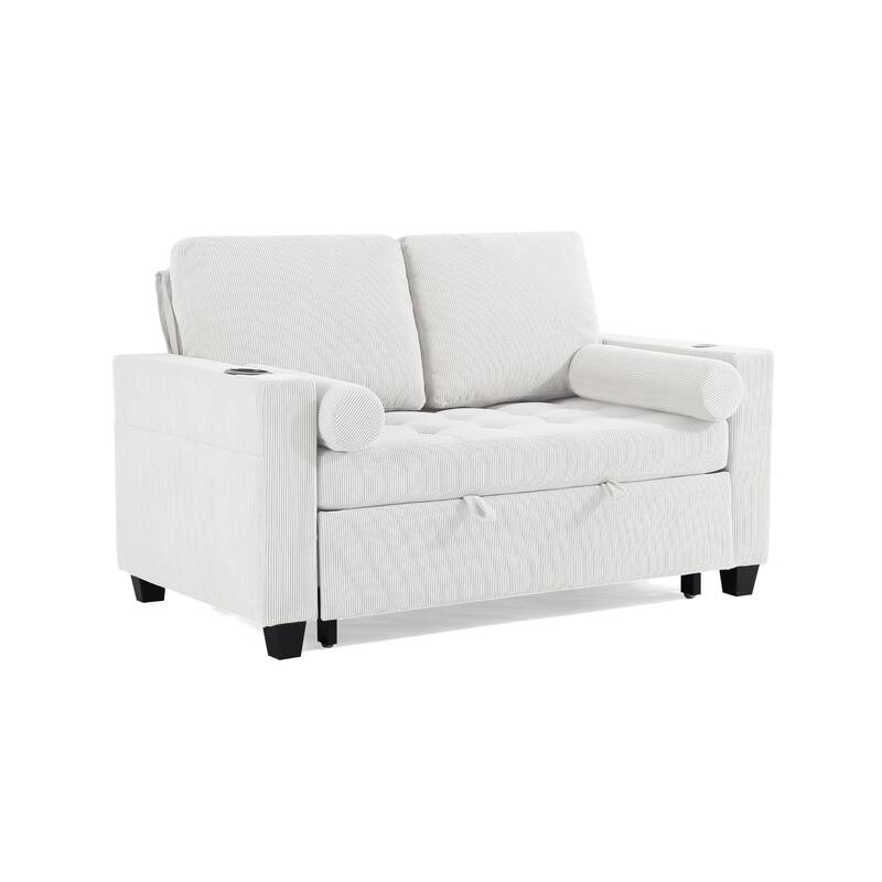 2 Set Corduroy Convertible Sleeper Sofa Bed Loveseats with Cup Holder, USB Ports & Storage