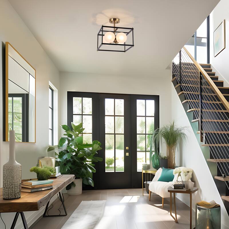 Modern 4-Light Black Gold Chandelier Square Semi Flush Mount Frosted Glass Ceiling Light for Kitchen - L13.5" x W13.5" x H13.5"