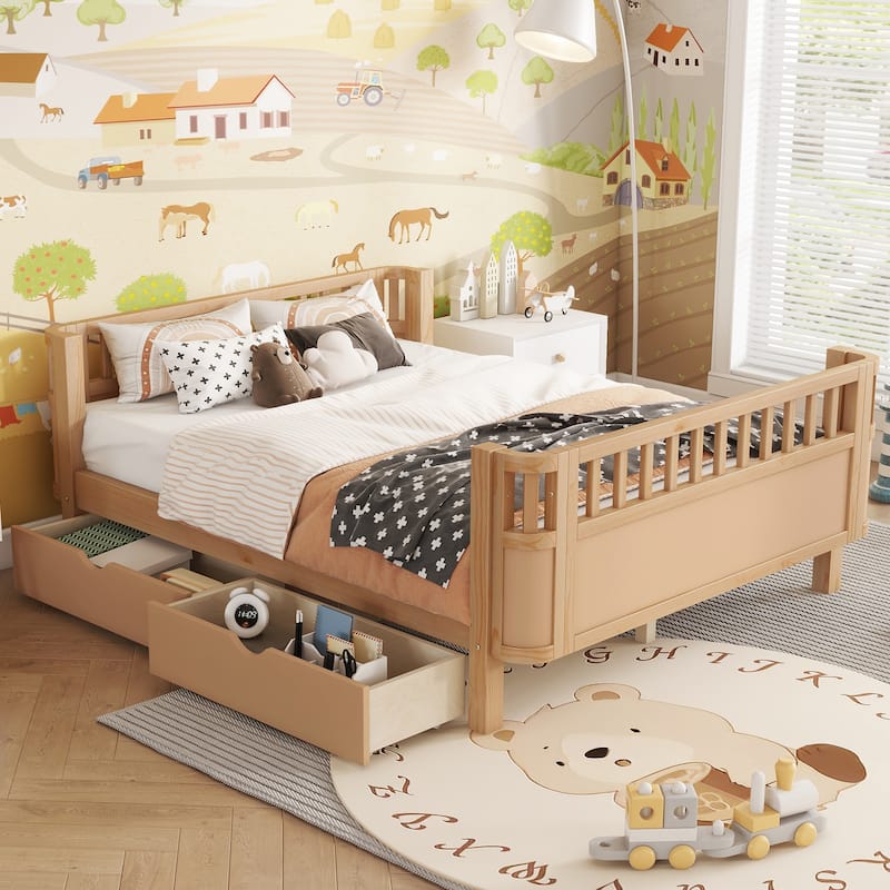 Full Size Wood Platform Bed for Kids, Wood Low Profile Full Bed with Rails for Girls and Boys