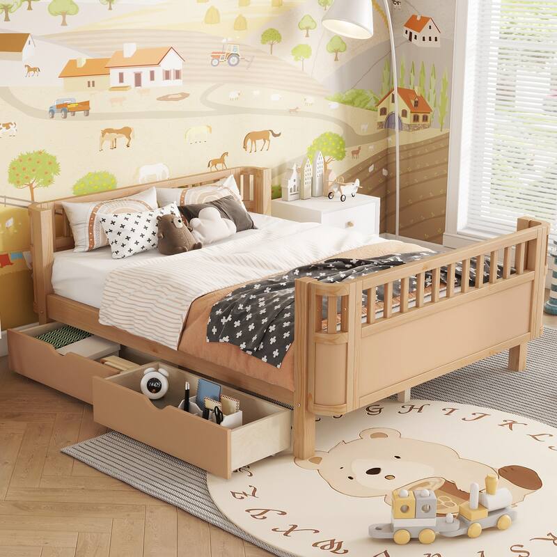 Wooden Kids Bed with 2 Storage Drawers, Guardrails and Removable Side Rail, Rounded Corners Frame Montessori Bed, Toddler Bed