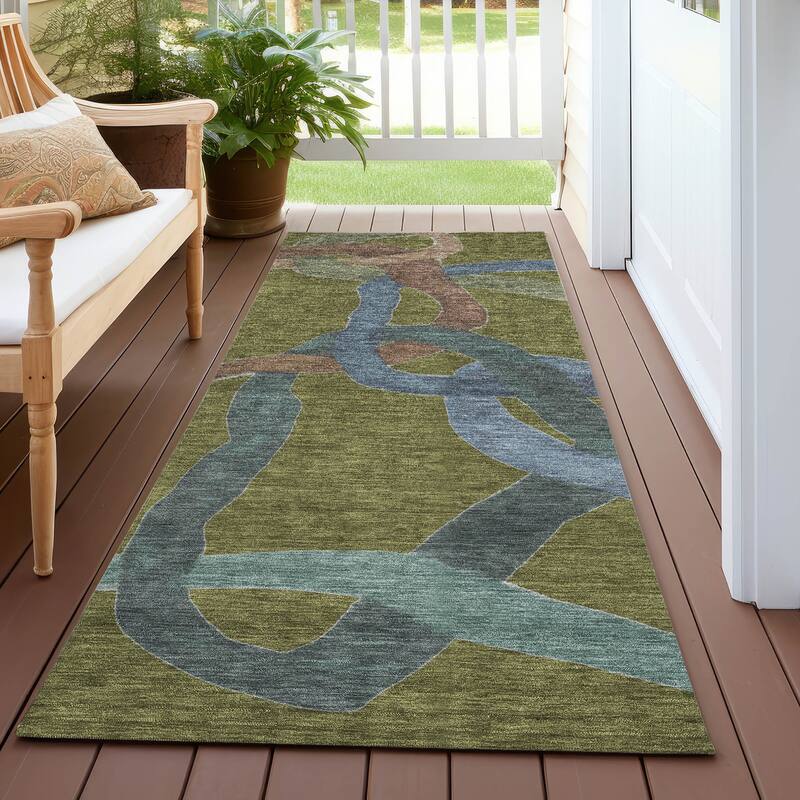 Machine Washable Indoor/ Outdoor Abstract Links Chantille Rug - Olive - 2'3" x 7'6"