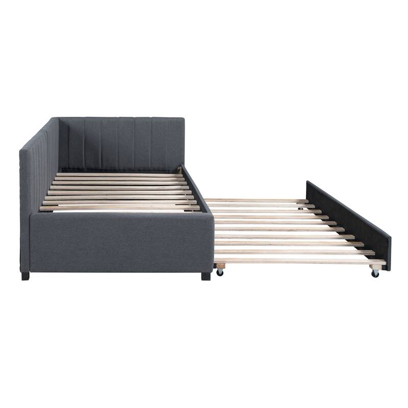 Upholstered Daybed with Twin Size Trundle, Twin Size Linen Fabric Sofa Bed Frame with L-Shaped Headboard, No Box Spring Needed