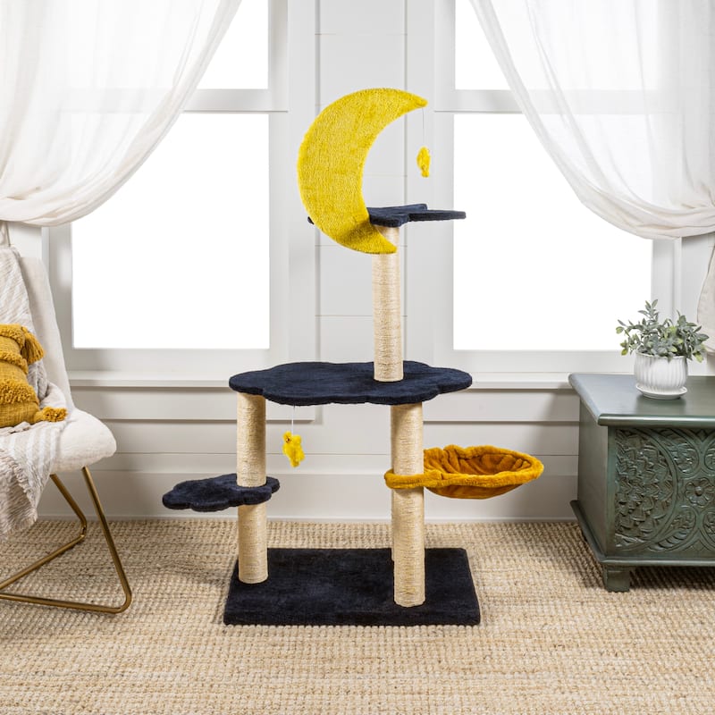 Aurora 49" 3-Tier Modern Sisal Moon And Stars Cat Tree with Scratching Posts, Basket, and Fuzzy Bell Toys, Navy/Yellow/White