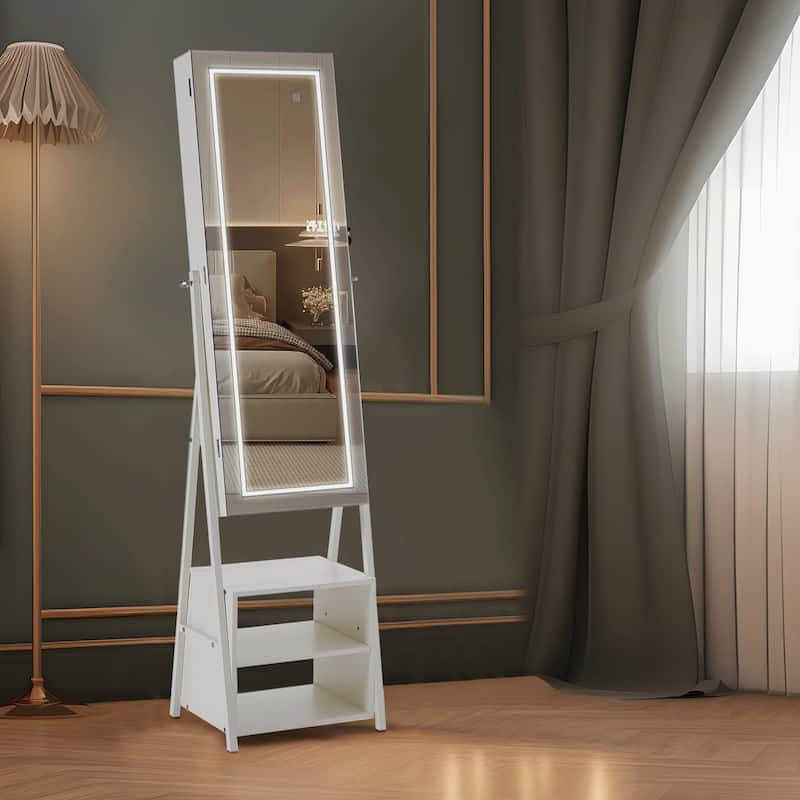 VECELO Standing Jewelry Cabinet Armoire with Adjustable LED Lights and Multi-functional Storage Shelf Drawers