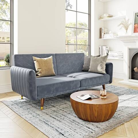 Modern Convertible Velvet Sofa Bed with Adjustable Backrest, Sleeper Sofa, 2-Seat Loveseat Couch with Solid Wood Legs