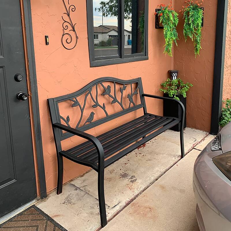 MAISON ARTS Garden Bench Bronze Cast Iron Steel Frame 50 Inch Adorable Birds Pattern - Bronze
