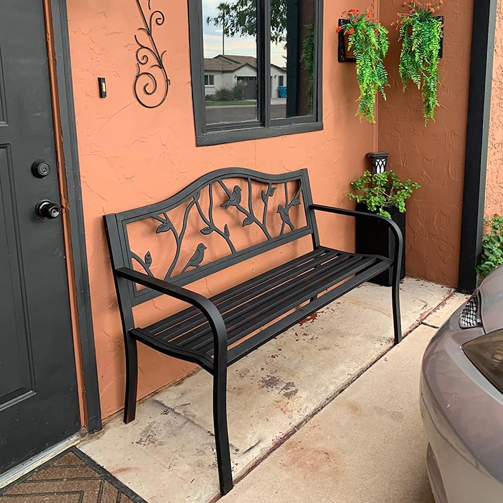MAISON ARTS Garden Bench Bronze Cast Iron Steel Frame 50 Inch Adorable Birds Pattern