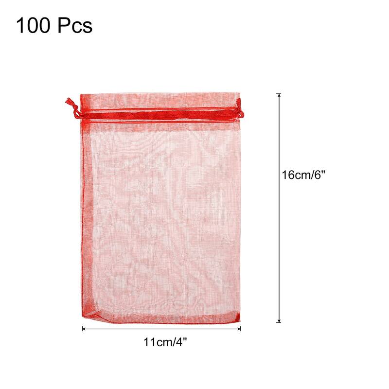 100pcs Organza Bags Drawstring Favor Pouches Sheer Mesh Bag for Party - Red - 4 inch x 6 inch