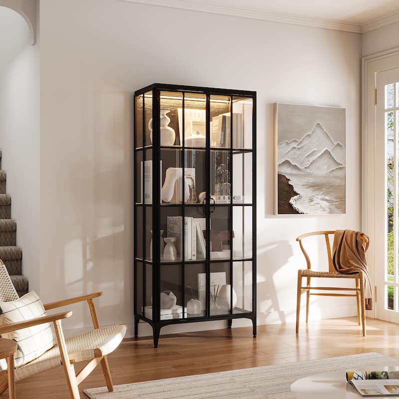 70.9"H Metal Glass Display Cabinet LED Light Bookshelves Curio Cabinet